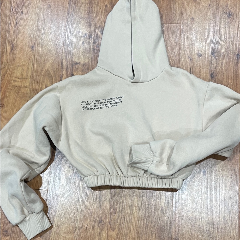 Edited Beige Cropped Hoodie with Inspirational Quote